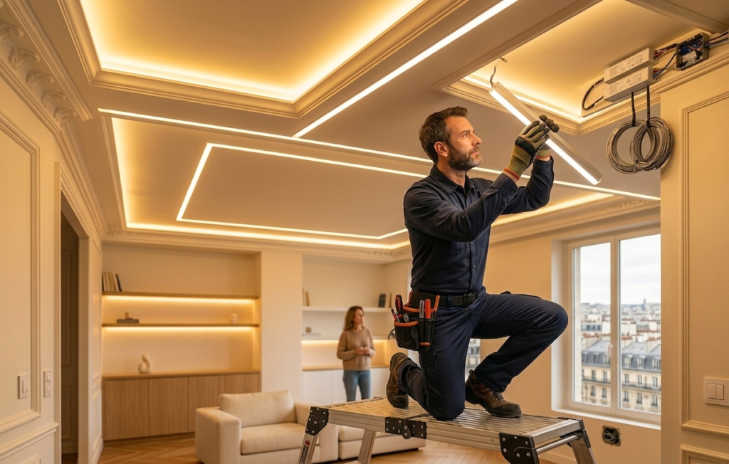 Installation d'un système d'éclairage LED économique par un électricien professionnel